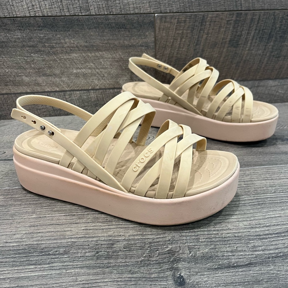 Crocs Brooklyn Strappy Low Wedge Platform Sandals Nude Tan Beige Womens 8 Shoes